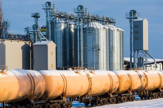 Train delivering oil in tanks in the industrial area 