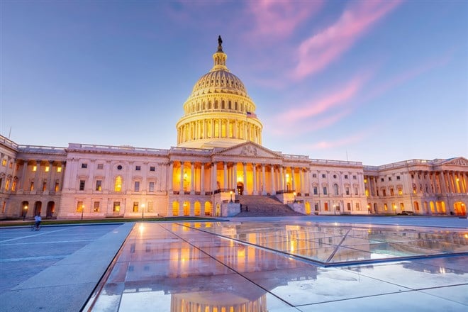 The United States Capitol Building in Washington, DC. American landmark at sunset