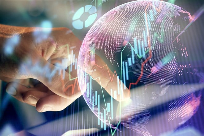 Multi exposure of man's hands holding and using a phone and financial chart drawing. Market analysis concept.