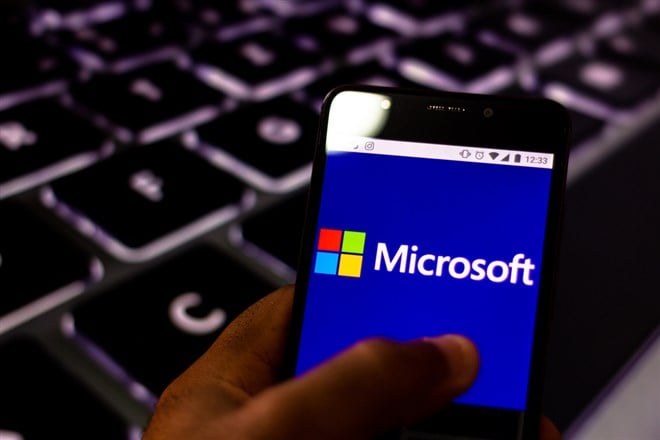 August 20, 2019, Brazil. In this photo illustration the Microsoft logo is displayed on a smartphone.