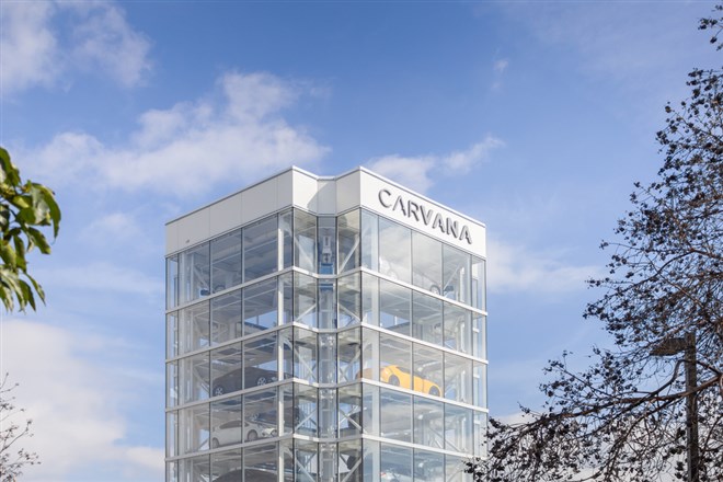 A view of a Carvana vending machine tower at one of its dealerships.