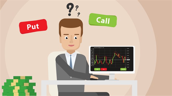 Animated photo of a trader with question mark above his head, and "put" and "call" signs to his left and right.