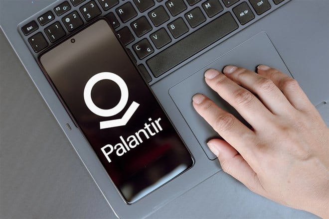 the Palantir Technologies logo is displayed on a smartphone screen