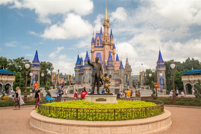 Panoramic view of Partners statue (Walt Disney and Mickey) in Magic KIngdom