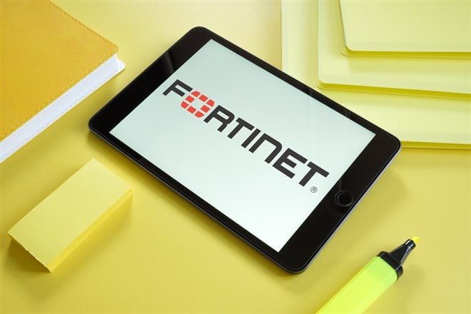 Fortinet logo on the smartphone.