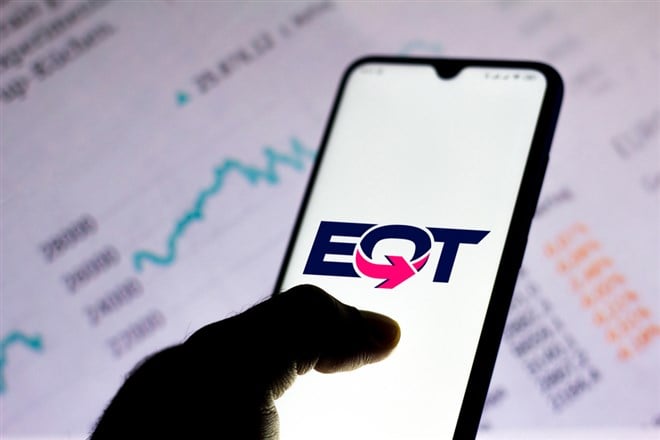 In this photo illustration the EQT Corporation logo seen displayed on a smartphone