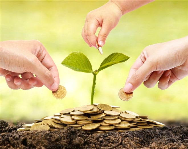 Photo of three hands dropping coins into a pile of coins with a small green plant growing out of them.