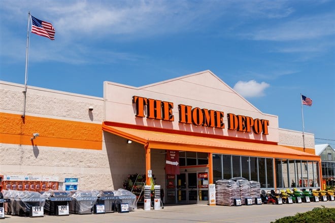 Home Depot Location flying the American flag. Home Depot is the Largest Home Improvement Retailer in the US