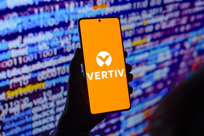 In this photo illustration, the Vertiv logo is displayed on a smartphone screen