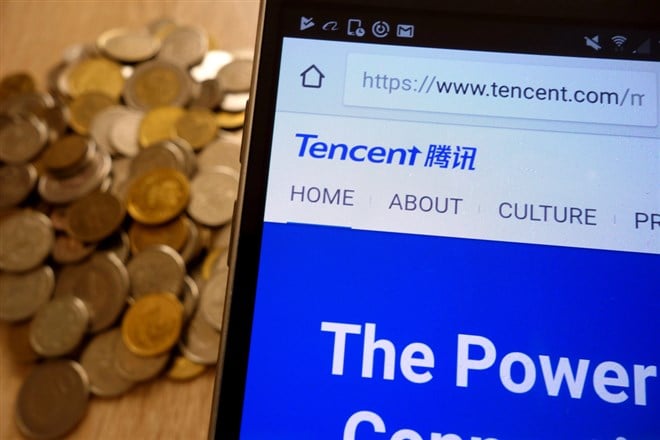 Tencent website displayed on smartphone and stack of coins - Stock Editorial Photography