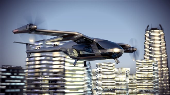 Flying Taxi Drone Going Through the City. 3d illustration