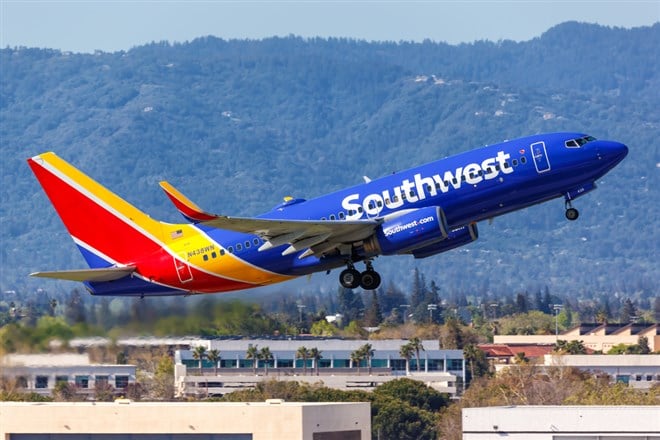 Southwest Airlines Boeing 737-700 airplane at San Jose airport (SJC) in the United States.