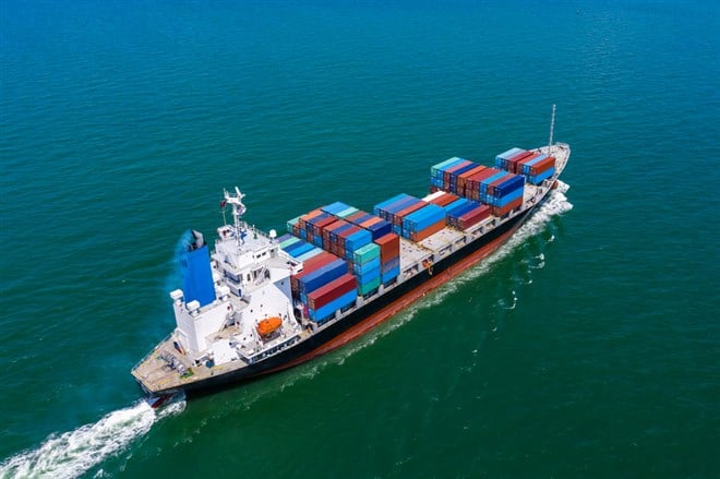 containers ship import and export international  businesses services  by the sea aerial view from drone