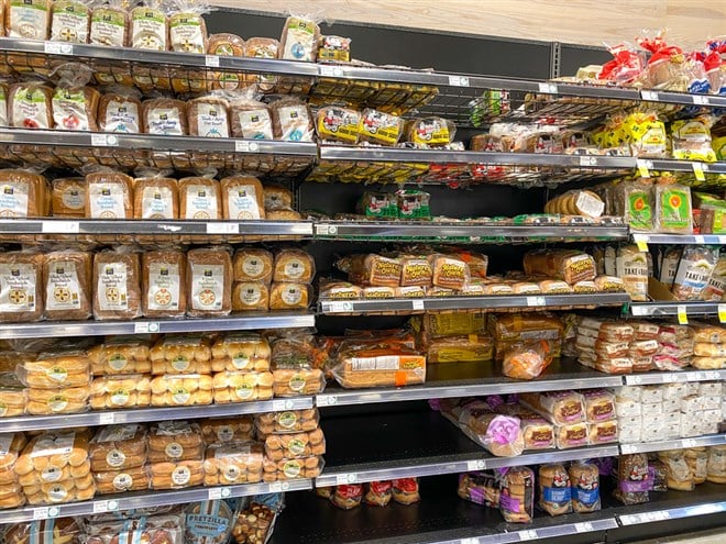 Orlando, FL/USA-5/3/20: The bread aisle of a Whole Foods Market grocery store.