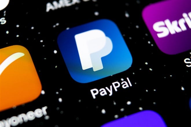 PayPal application icon on Apple iPhone X smartphone screen close-up. PayPal app icon. 