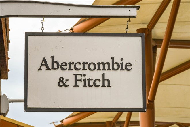 Close up view of a sign outside the Abercrombie & Fitch factory store at the Premium Outlets shopping mall