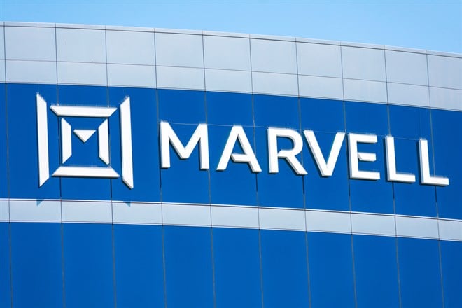 Marvell sign, logo on facade of Marvell Technology headquarters in Silicon Valley 