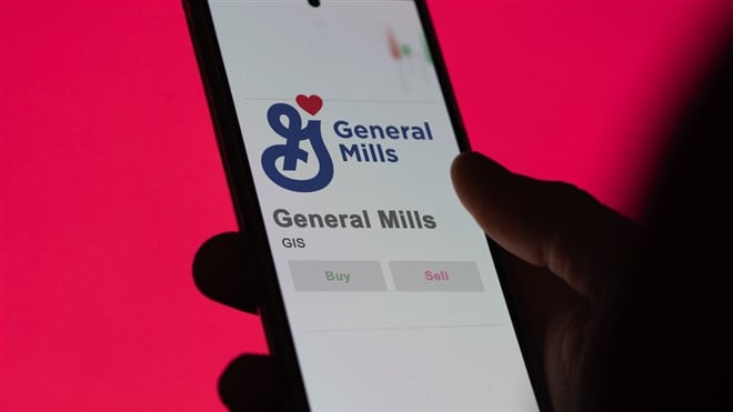 General Mills logo and stock on screen