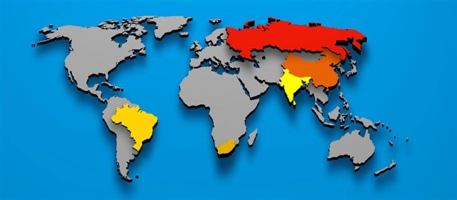 Photo of a map Political map with the BRICS countries (Brazil, Russia, India, China, and South Africa) highlighted showing where the emerging markets are located.