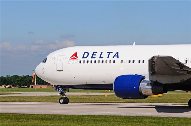 Delta Airlines Boeing 767 taxiing at Manchester Airport. - Stock Editorial Photography