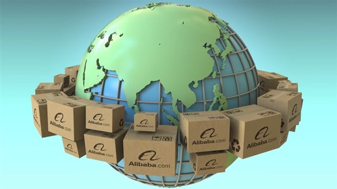 Photo of cartons with Alibaba logo around the world