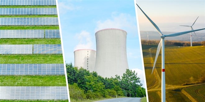 Collage of green energy concept with solar panels, nuclear power station and windmill. — Photo