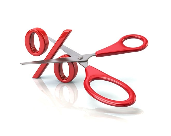 3d illustration of red scissors cutting percent sign isolated on white background