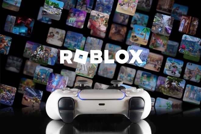 Roblox logo at TV screen with Playstation 5 controller, 3 oct, 2023, Sao Paulo, Brazil.