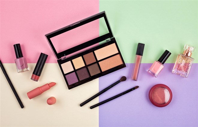 Mockup of makeup cosmetic products, flat lay, top view. beauty fashion image for sales, shopping, fashion and beauty blogs - stock image