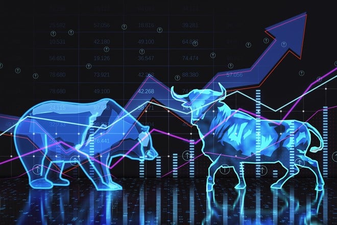 Abstract bearish and bullish forex chart on blurry wallpaper. Stock market exchange and financial analysis. 3D Rendering — Photo