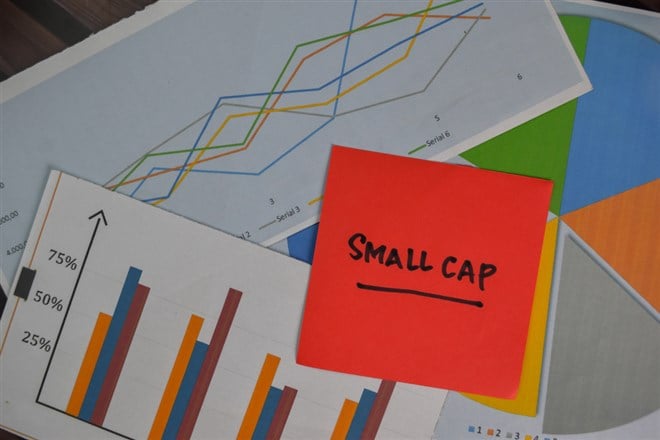 Small Cap write on sticky notes isolated on Wooden Table.