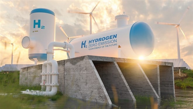 Hydrogen renewable energy production - hydrogen gas pipeline for clean electricity solar and windturbine facility Concept image — Photo