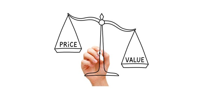 Photo of a hand drawing a measuring scale with a dry erase marker, one side says Price, the other Value