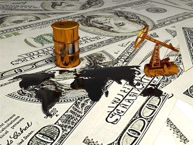 Golden Pumpjack And Spilled Oil On The Money. 3D Scene.