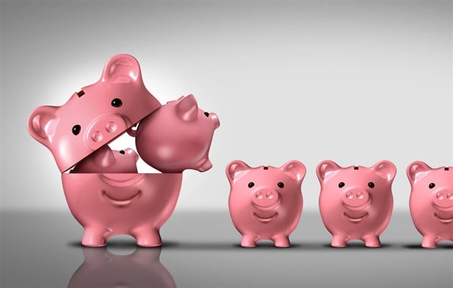 Photo of smaller piggy banks coming out of one large piggy bank, symbolizing the diversification of mutual funds