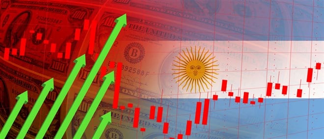 Argentina flag, dollar bills, stock market chart and rising green arrow. Financial data, exchange rate, employment, interest, inflation, recession and financial concept background image — Photo