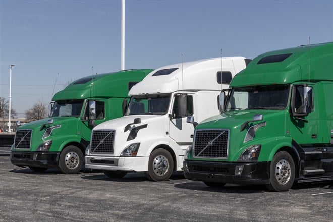 Indianapolis - Circa March 2023: Volvo Semi Tractor Trailer Big Rig Truck display at a dealership. Volvo Trucks is one of the largest truck manufacturers.