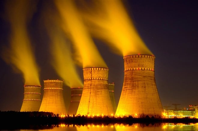 The cooling towers at night of the nuclear power generation plan — Photo