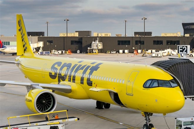 Airbus A321 jet (registration N710NK) operated by Spirit Airlines at Baltimore Washington International airport.