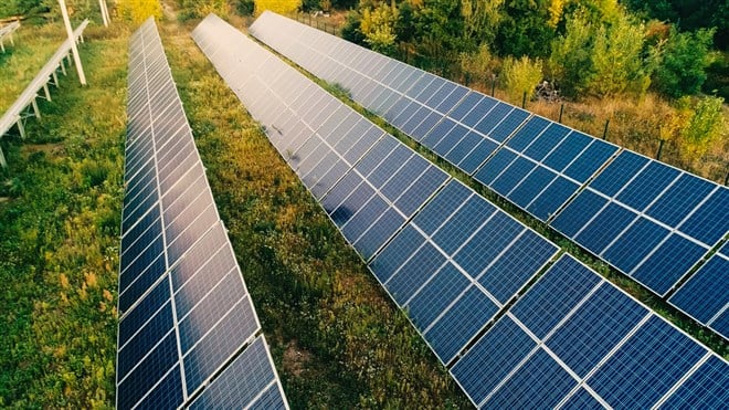 Aerial view of solar panels on field — Photo