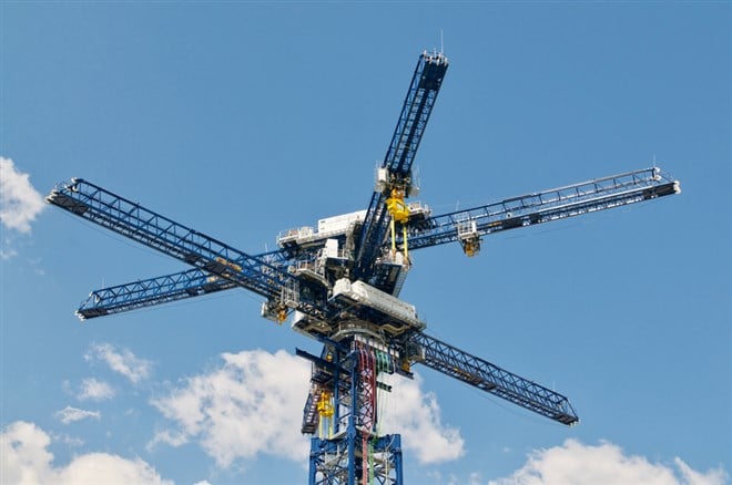 Castione, Switzerland - 26th April 2021 : View of the Energy Vault crane tower in Switzerland. Energy Vault is a company specializing in gravity and kinetic energy based, long-duration energy storage