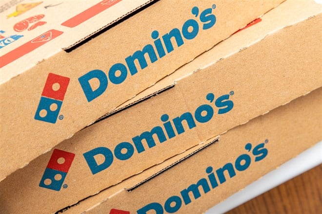 Domino's Pizza logo detail on a recycled pizza box.