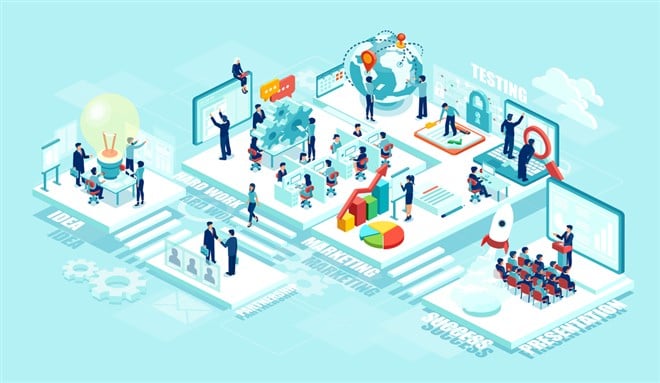 Isometric vector of virtual office with businesspeople, corporate employees working together on a new startup using mobile devices. Business management, education, online communication network — Vector