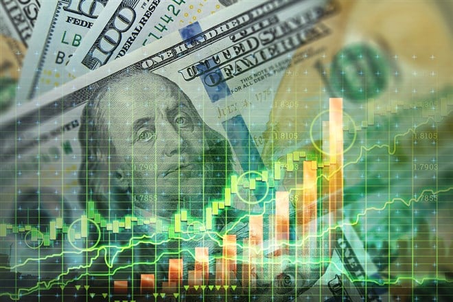 US dollar on the background of the financial chart. Concept Economy, business investment, economic crisis, decline in profits, recession. mixed media - stock image