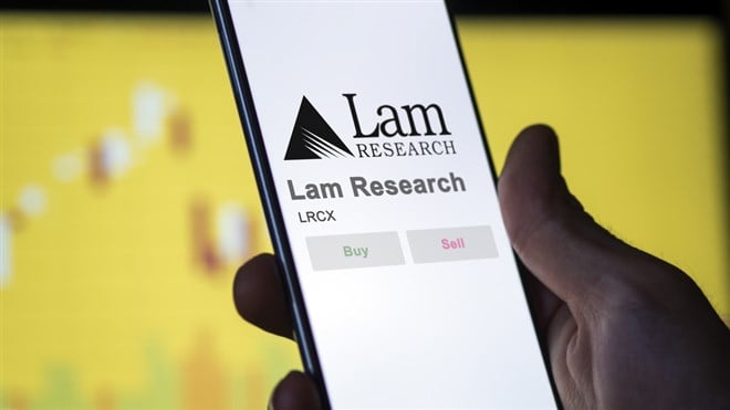 April 09th 2024 , Fremont, California. Close up on logo of Lam Research on the screen of an exchange. Lam Research price stocks, $LRCX on a device. — Stock Editorial Photography