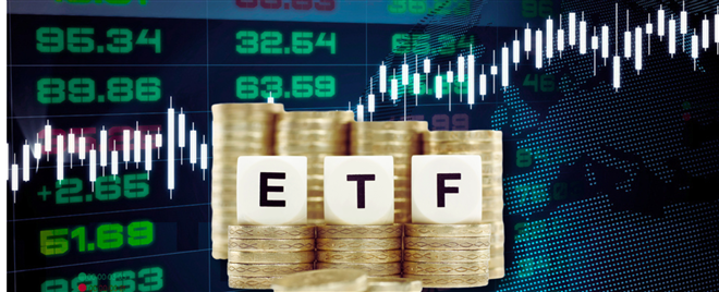 Exchange Traded Fund (ETF) concept. Wooden cube standing with "ETF" text