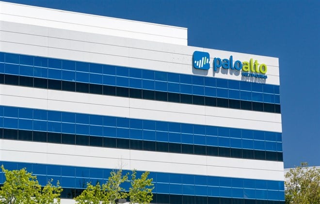 Palo Alto Networks sign and logo at Silicon Valley headquarters campus under blue sky - Santa Clara, CA, USA - 2020