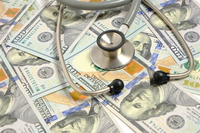 Stethoscope, bunch dollars , concept expensive medicine