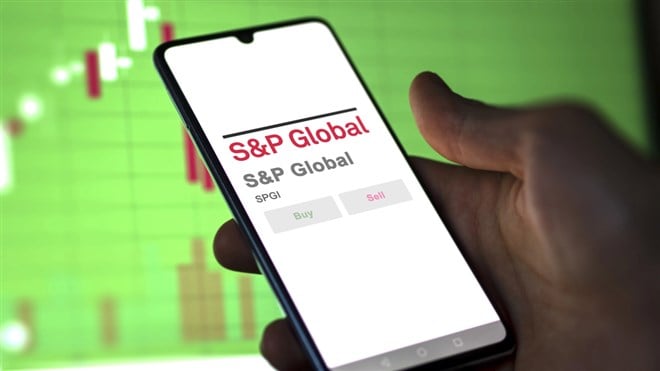 April 09th 2024 , New York City, New York. Close up on logo of S&P Global on the screen of an exchange. S&P Global price stocks, $SPGI on a device. — Stock Editorial Photography