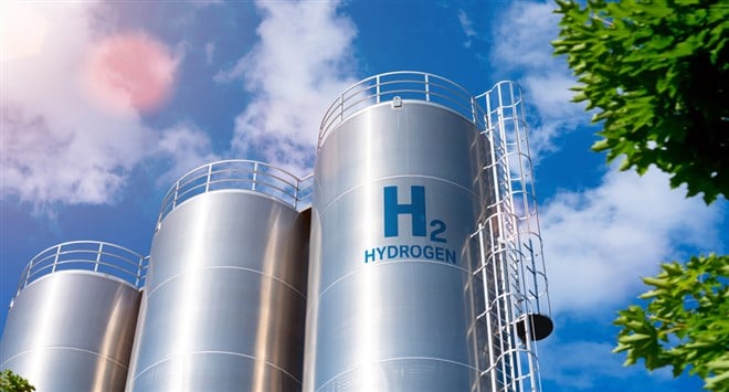 Hydrogen renewable energy production - hydrogen gas for clean electricity solar and windturbine facility. 